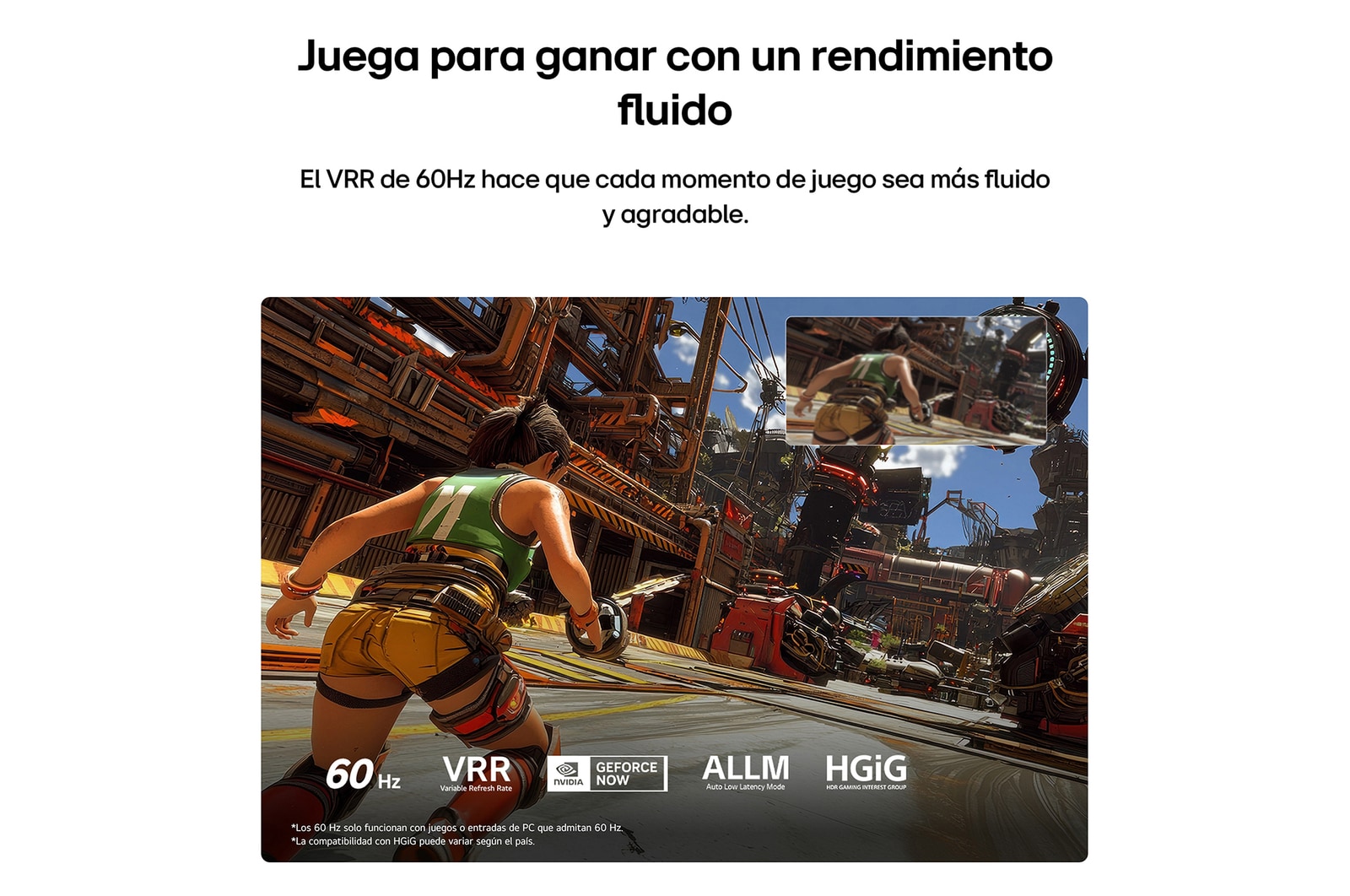 LG QNED AI QNED74 Mini LED for Ultimate Gameplay shows a fast-paced action game scene with a comparison inset highlighting smoother motion, while supporting up to 60Hz, VRR, AMD FreeSync, ALLM, HGiG, and GeForce NOW.